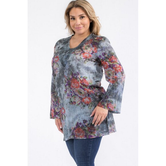 Vintage Goa Vintage Dark Blue Floral Tunic with Lace Appliqué Cottage Core Boho - Picture 2 of 13